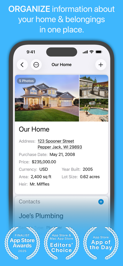 Under My Roof Home Inventory + - Under My Roof app interface displaying home property records including photos, address, and purchase details with App Store award badges.