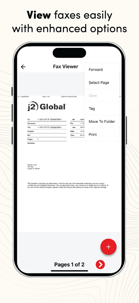 Interface do visualizador de faxes do aplicativo eFax no iPhone mostrando ferramentas de gerenciamento de documentos