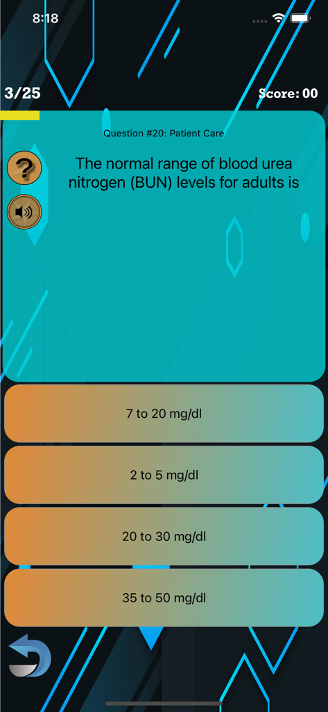CT Registry Test Pro practice question screen about patient care and BUN levels