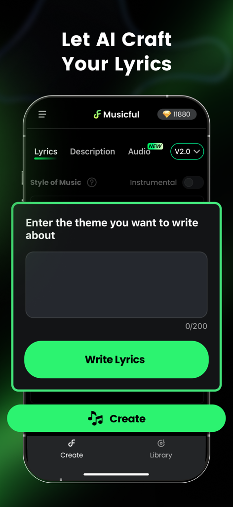 Musicful app screen showing the AI lyrics generator with an input box to enter a theme for writing song lyrics