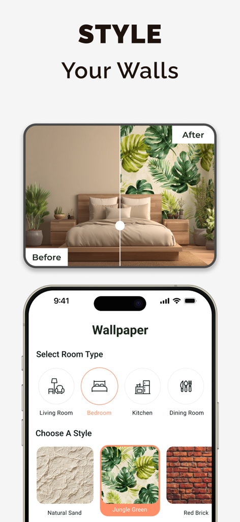 Deco: AI Remodel & Home Design - Before and after comparison of a bedroom wall styled with tropical wallpaper using the Deco AI app