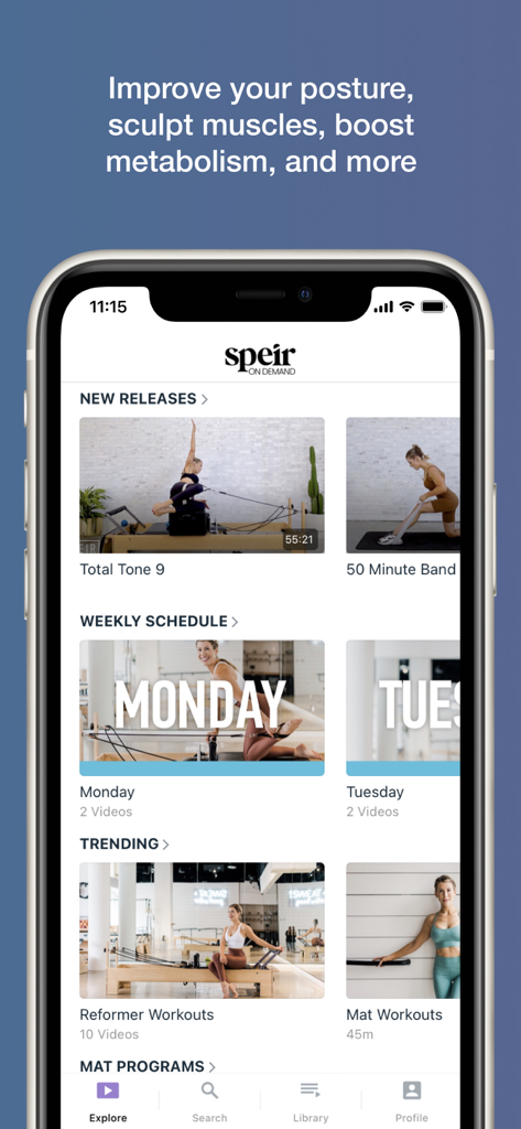 Speir On Demand - Speir On Demand app home screen showing Pilates mat and reformer workout videos.