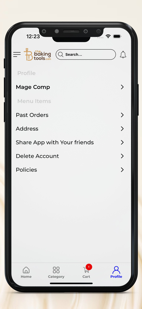 The Baking Tools - User profile screen of The Baking Tools mobile app showing account settings and navigation menu.