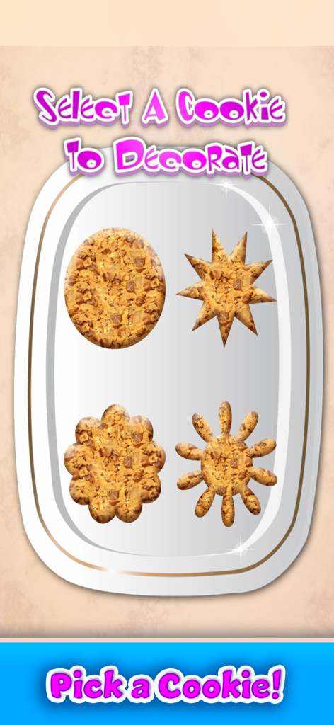 Cookie Maker & Cooking Games - Four chocolate chip cookies in different shapes on a tray with text saying Select A Cookie to Decorate