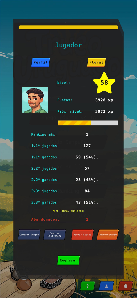 Truco Uruguayo ! - Pantalla de perfil de usuario en la app Truco Uruguayo que muestra el nivel 58 del jugador y estadísticas detalladas de partidas online para modos uno contra uno y de equipo