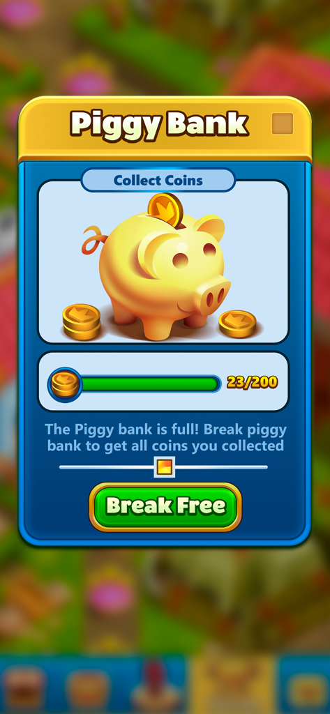 A golden piggy bank screen in the Princess Pop mobile game showing coin collection progress