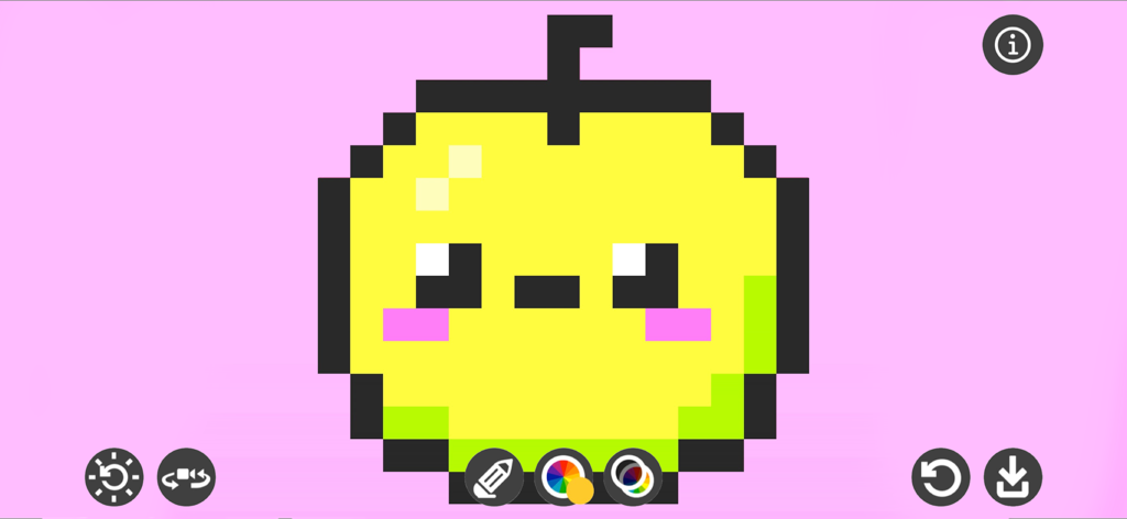 Pixel Draw 3D - Niedliche gelbe Pixelkunst-Apfel mit einem Gesicht auf rosa Hintergrund in einer mobilen Zeichen-App-Oberfläche