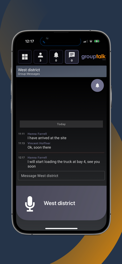 GroupTalk Push to Talk - Interface of the GroupTalk push to talk app showing a group chat for the West district with text messages and a large PTT button.