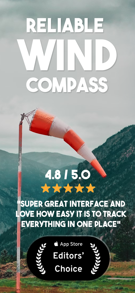 Wind Compass - Windygo - Windygo Wind Compass app screenshot with a 4.8 star rating and user testimonial.