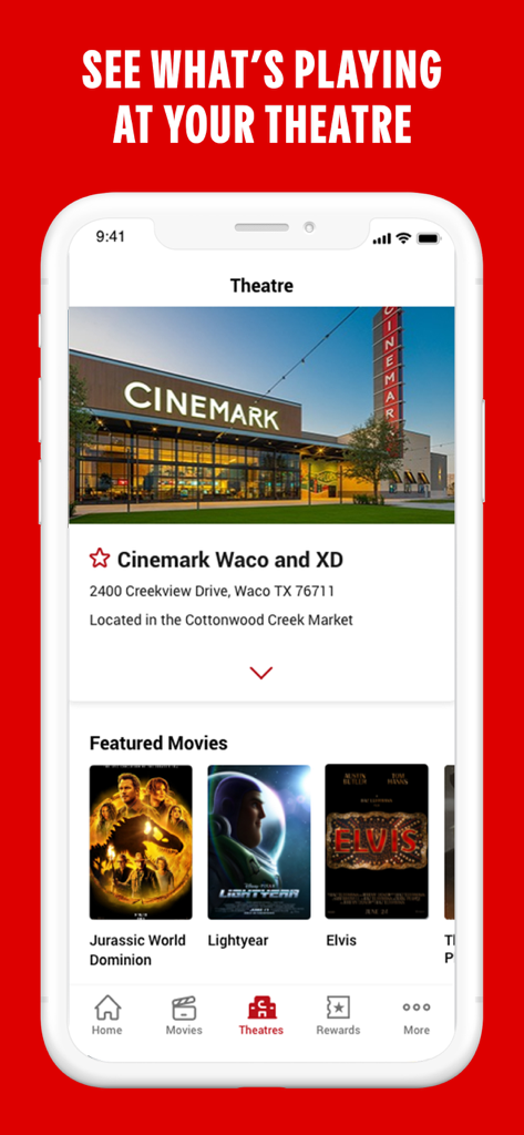 Cinemark mobile app interface showing theater details for Cinemark Waco and XD with featured movie posters for Jurassic World, Lightyear, and Elvis.