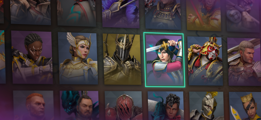 Shadow Fight 4: Arena - Una cuadrícula de personajes héroes jugables en Shadow Fight 4 Arena que muestra diversos guerreros y ninjas.