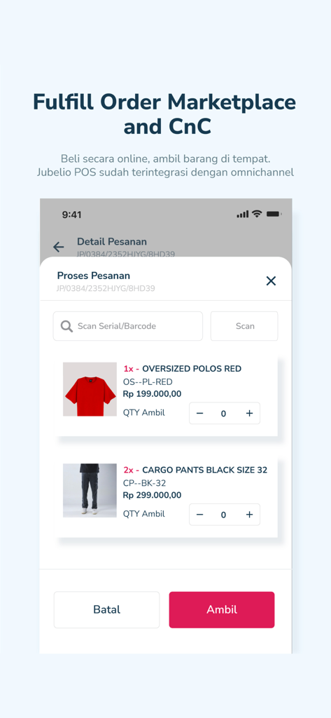 Jubelio POS - Jubelio POS mobile interface showing order fulfillment for click and collect marketplace sales
