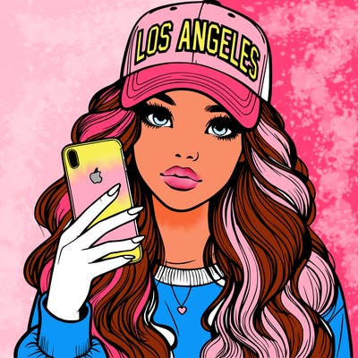 realistic beautiful girl wearing los ángeles cap holding an iphone