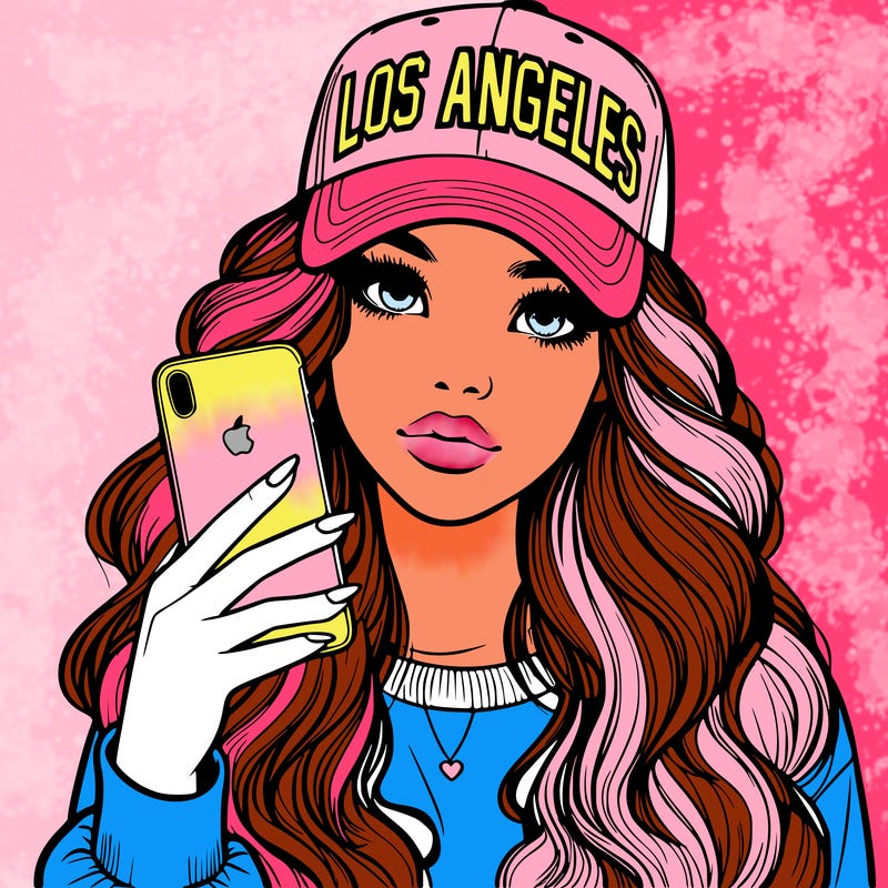 realistic beautiful girl wearing los ángeles cap holding an iphone