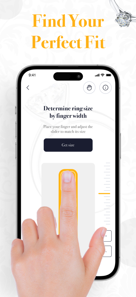 Ring Sizer - Size Measure App - Persona midiendo el ancho de su dedo en la pantalla de un iPhone para determinar la talla del anillo
