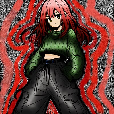 anime teen girl with baggy pants and crop top with sweater