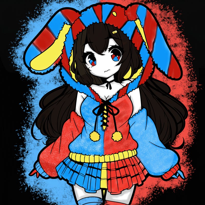 pretty anime girl wearing a fluffy hoodie with bunny ears on the hood and a skirt