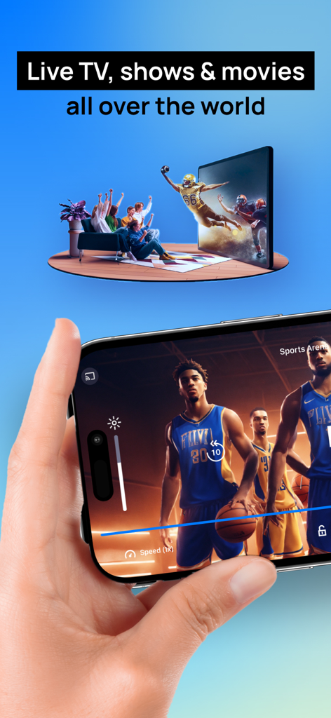 IPTV Smart Player Xtream STB - A person watching a live basketball game on their smartphone using the IPTV Smart Player app.