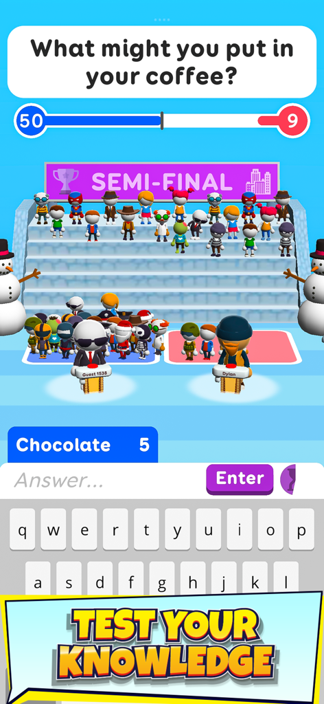 Una pantalla de trivia de encuestas preguntando qué poner en el café durante una semifinal