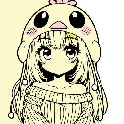 anime girl with chick shaped hat with sweater with bare shoulders with bangs covering them one eye with low tail
