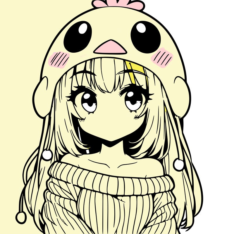 anime girl with chick shaped hat with sweater with bare shoulders with bangs covering them one eye with low tail