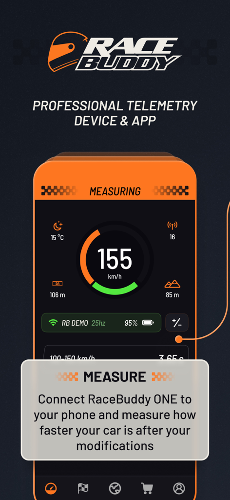 Race Buddy - How fast are you? - Race Buddy mobile app interface displaying real-time vehicle telemetry and speed measurement.