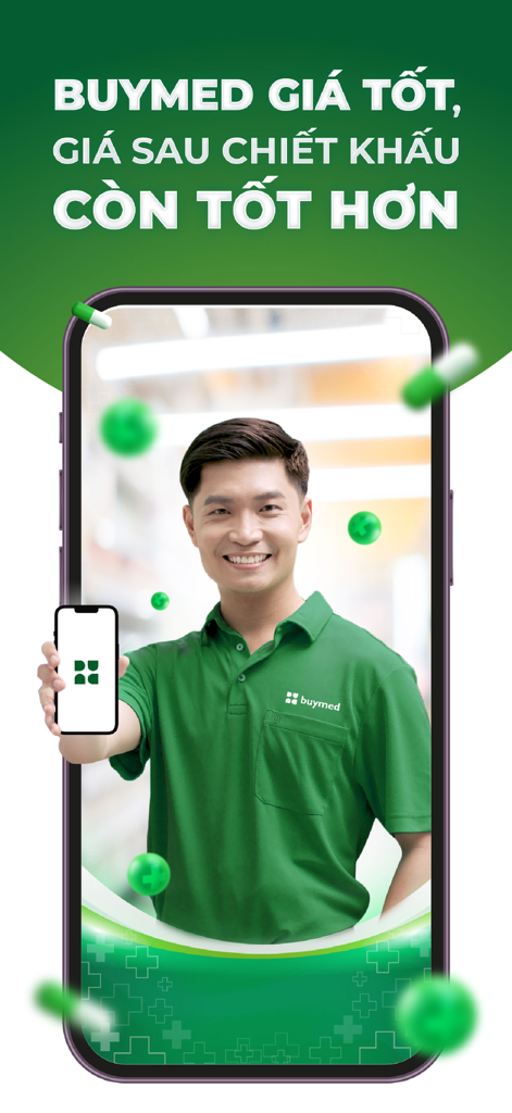Buymed Vietnam - A smiling man in a green Buymed polo shirt holding a smartphone displaying the app logo against a background of medicine capsules and wholesale pricing text.