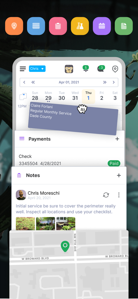 GorillaDesk - Interface of GorillaDesk app showing scheduling calendar payments job notes and map integration