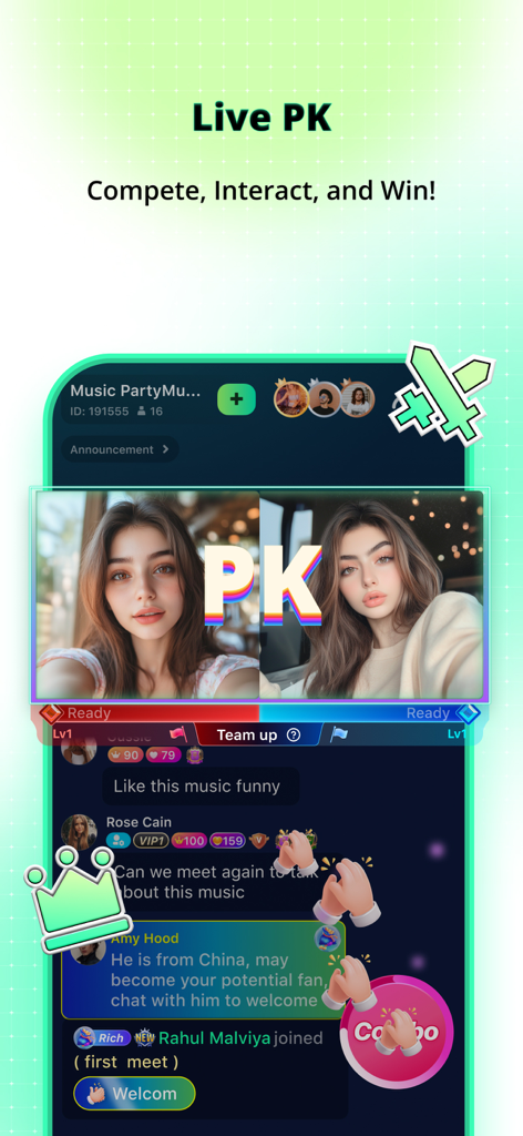 Hiyoo - Podcast & Voice Party - Hiyoo app Live PK screen showing real-time social interaction and competition in a voice room