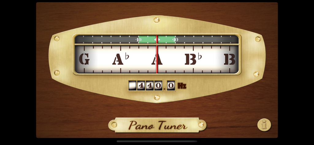 Pano Tuner Lite - Interfaz del afinador cromático de instrumentos Pano Tuner Lite con diseño de madera y latón