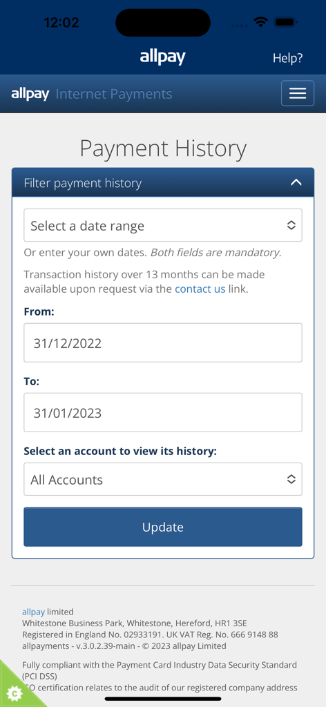 Allpay mobile app interface displaying the payment history filter with date range and account options
