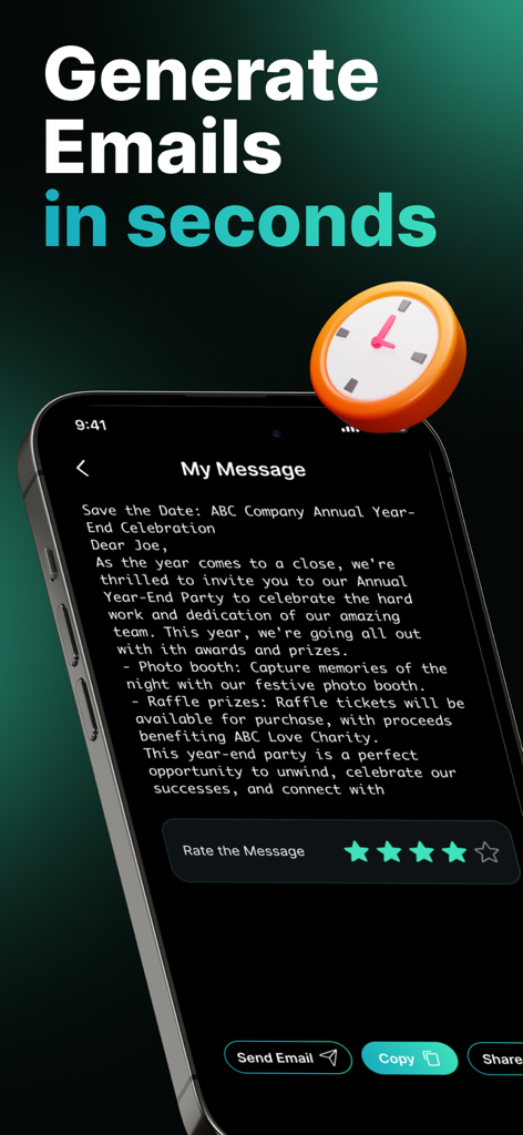 AI Email Writer - aiMail - aiMailアプリが数秒でプロフェッショナルなビジネスメールの招待状を生成している様子を示すスマートフォンの画面。