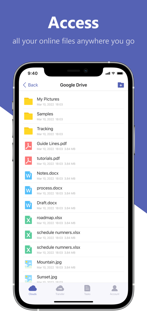 MultCloud app interface showing a list of folders and files from a Google Drive account on an iPhone