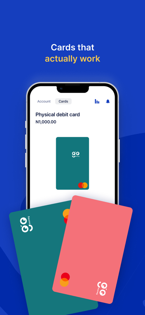 gomoney — The Digital Bank - A smartphone showing the gomoney app interface for physical debit cards with two colorful bank cards in the foreground