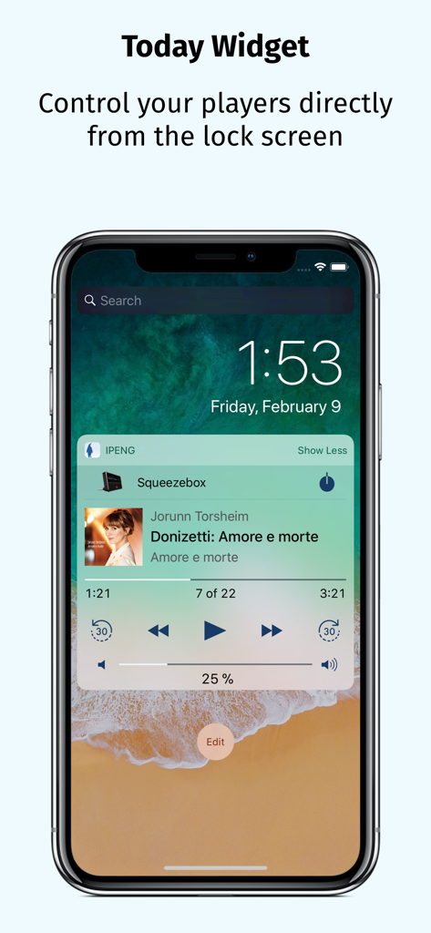 iPeng - iPeng 9 today widget on an iPhone lock screen showing Squeezebox music player controls