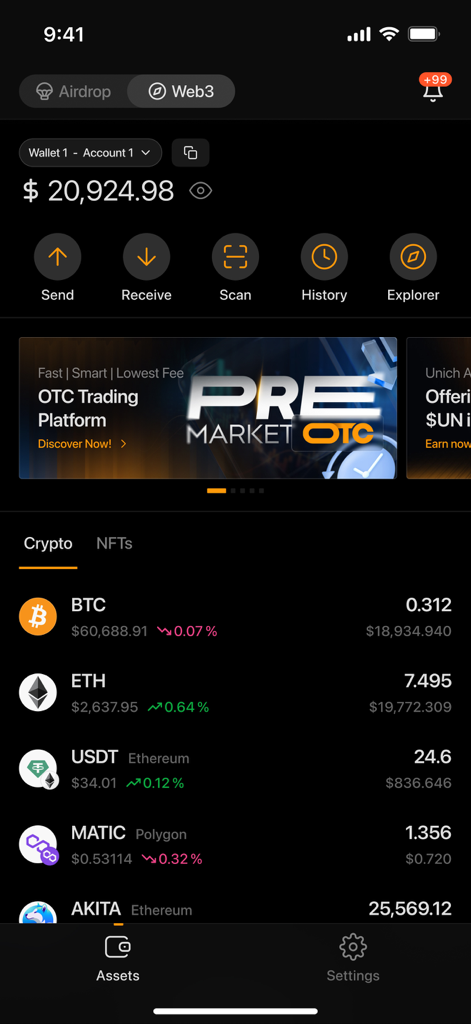 Unich Wallet - Panel de control de la app Unich Wallet mostrando activos de criptomonedas y el saldo de la cartera.