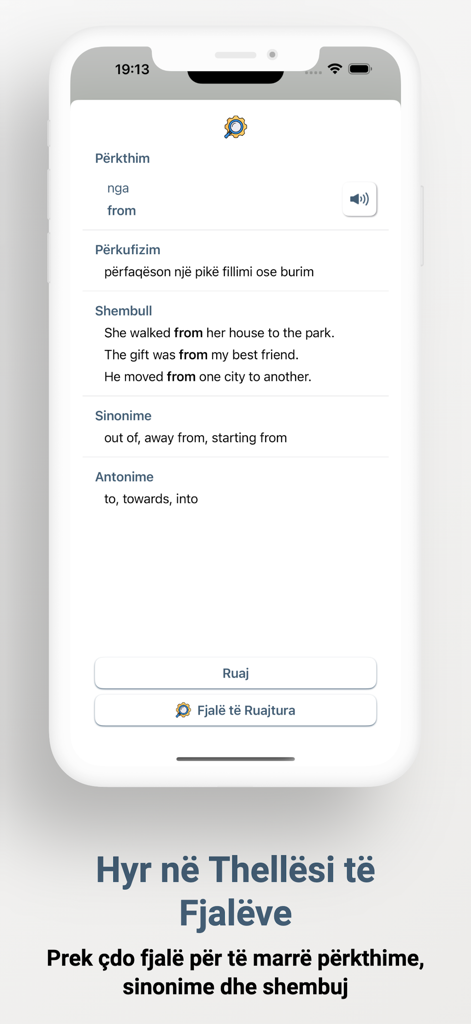 Meso Anglisht - 英語からアルバニア語への単語翻訳と定義を示すメソ・アングリシュモバイルアプリのインターフェース