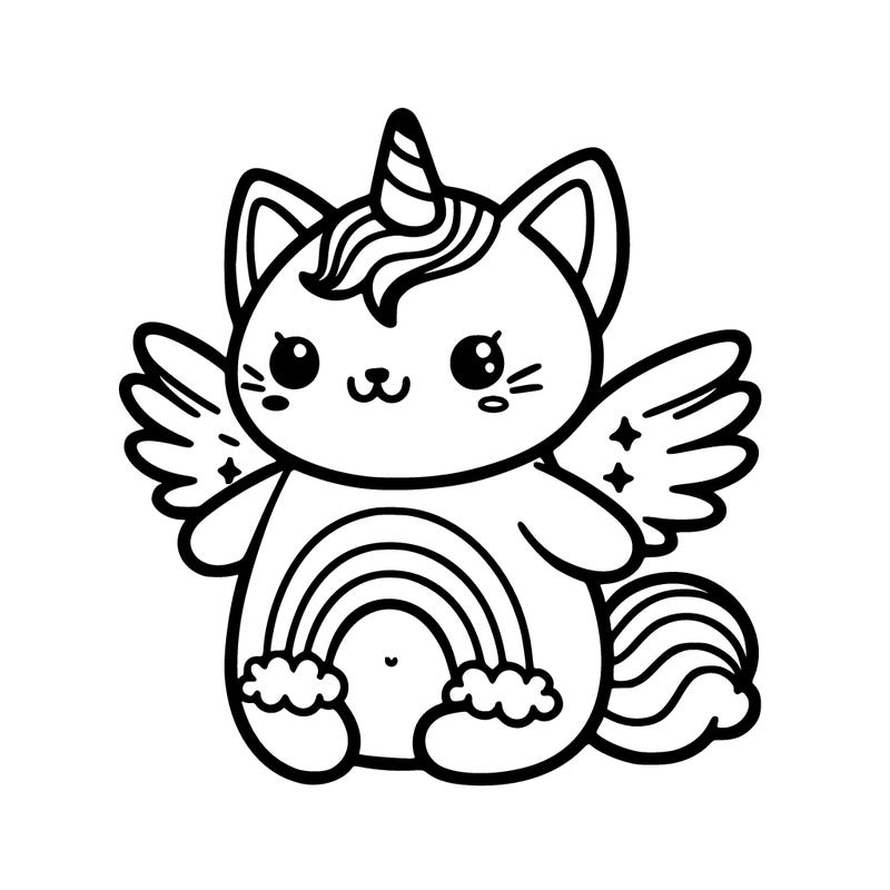 kitty with unicorn horn and wings with a rainbow on its tummy