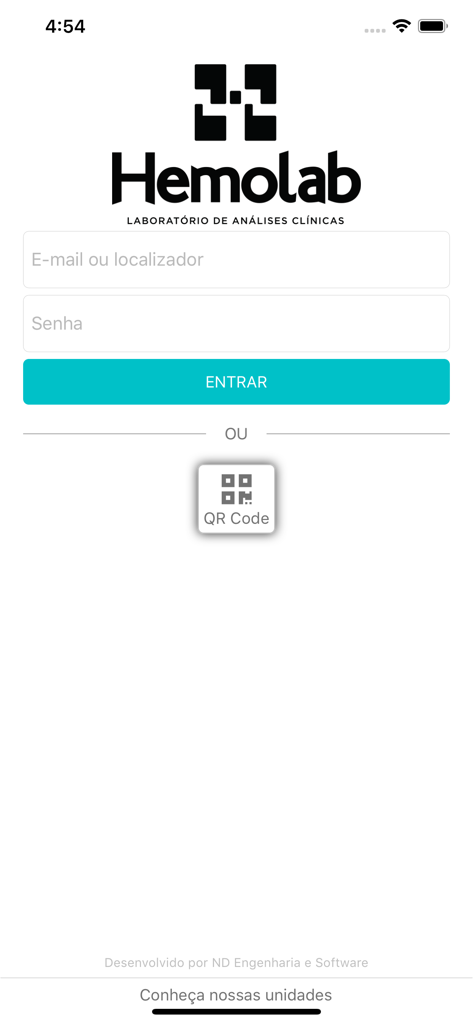 Laboratório Hemolab - Tela de login do aplicativo Laboratório Hemolab com opções de login por e-mail, senha e código QR