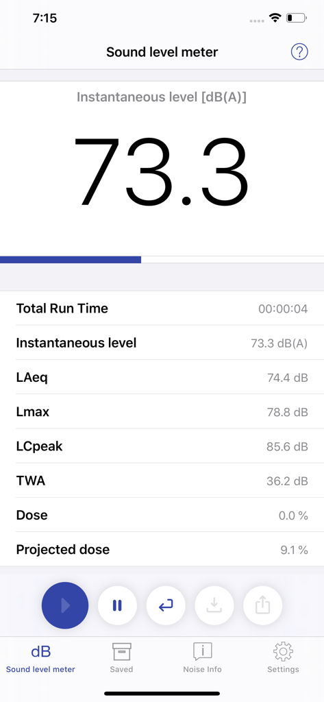 The NIOSH Sound Level Meter app displaying a real time noise level of 73.3 decibels.