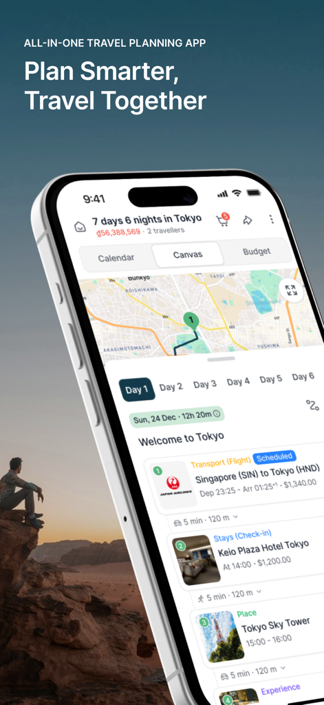 Holicay - A mobile screenshot of the Holicay app showing a seven-day travel itinerary for Tokyo with map and flight details