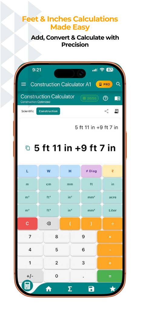 Construction Calculator A1 - フィートとインチのヤード・ポンド法計算用の建設計算機 A1 アプリインターフェイスが表示されたスマートフォンの画面。