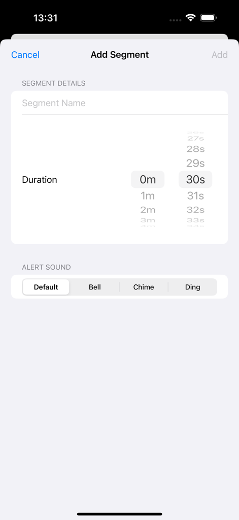HIIT & Run Interval Timer - Interface for adding a workout segment with duration and alert sound options in the HIIT and Run app