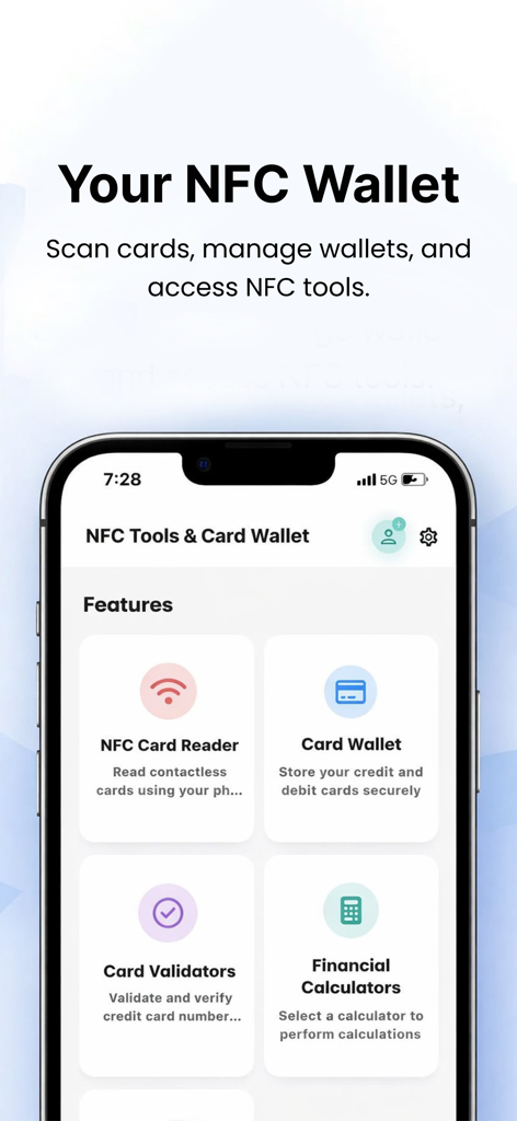 NFC Reader & Card Wallet - Interfaccia dell'app Lettore NFC e Portafoglio Carte su iPhone che mostra funzionalità come Lettore Carte NFC e Portafoglio Carte