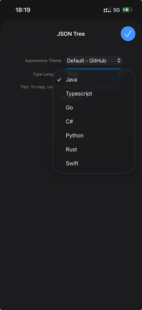JSON Tree - Dropdown menu in JSON Tree app showing supported programming languages for type declaration export
