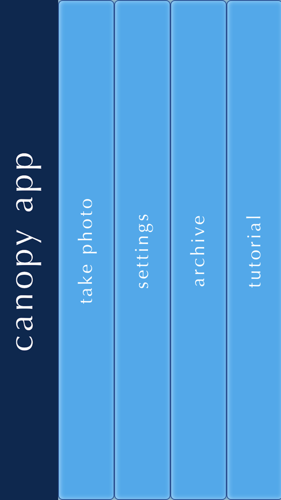 CanopyApp - The main menu interface of the CanopyApp showing vertical buttons for take photo settings archive and tutorial.