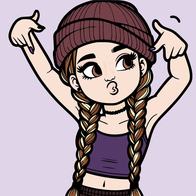 realistic teenage girl with braids and a beanie and crop top doing 🫶🏼