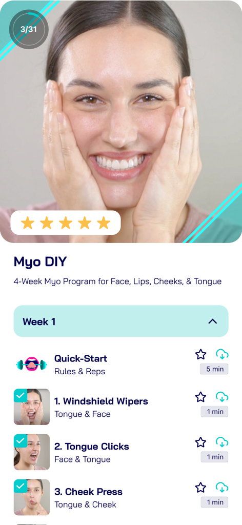 Myo DIY - The Myo DIY app interface displaying a weekly schedule of myofunctional exercises including tongue clicks and cheek presses