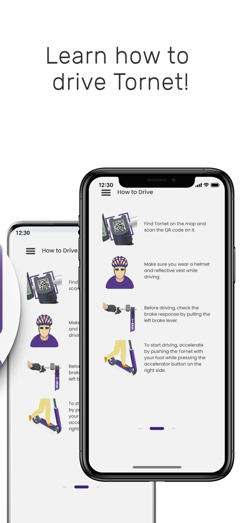 Tornet Scooter - Tela de tutorial no aplicativo Tornet Scooter explicando como dirigir e ficar seguro