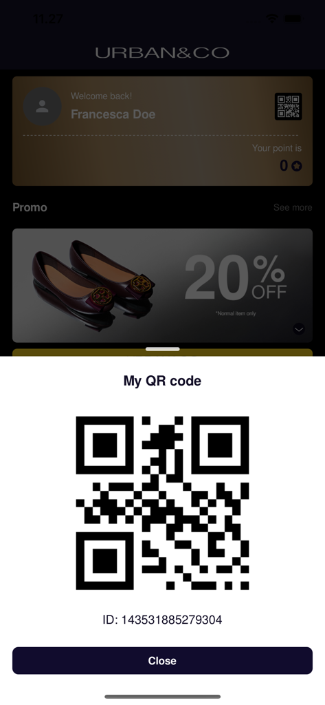 URBAN&CO Member - Digital QR code screen on the URBAN&CO Member loyalty app for in-store point collection and rewards.